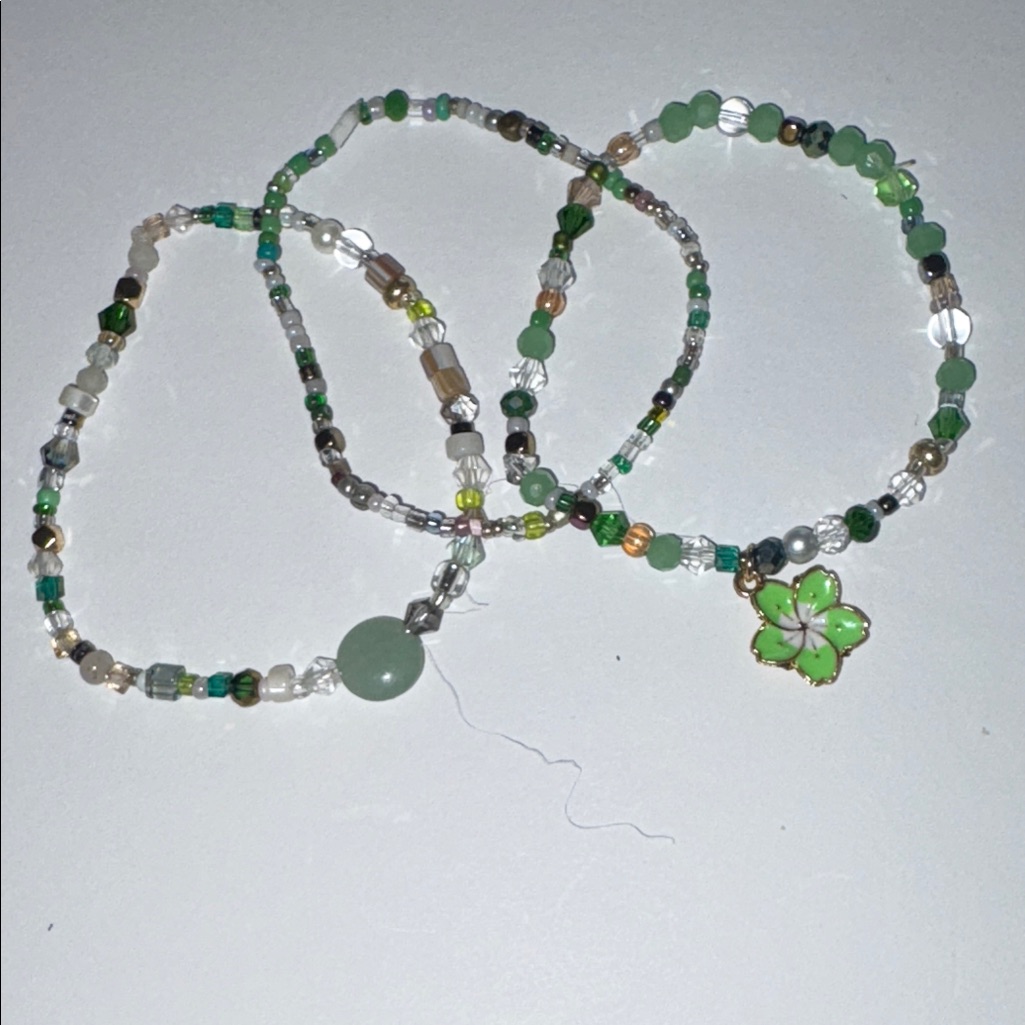 Green Beaded Bracelet Set With Clover Charm By Sassy Charmer